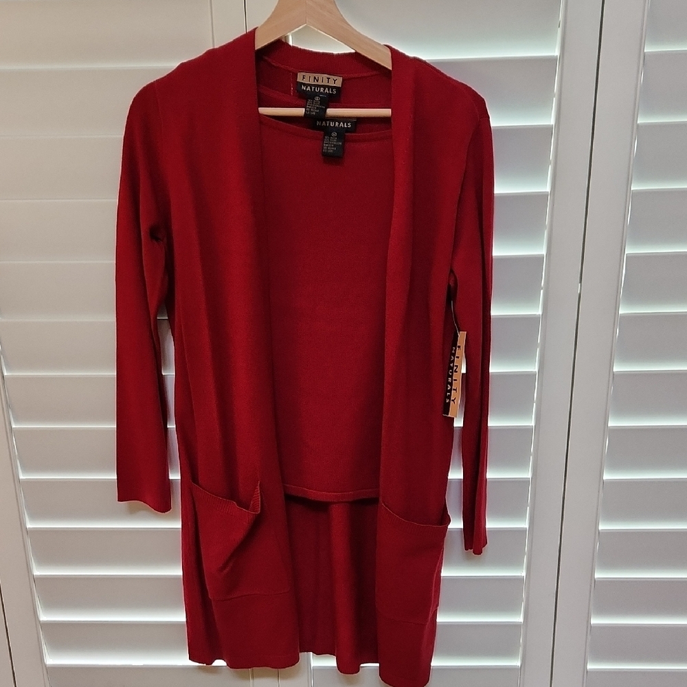 Red Long Cardigan Sweater with Crew Neck Tank
